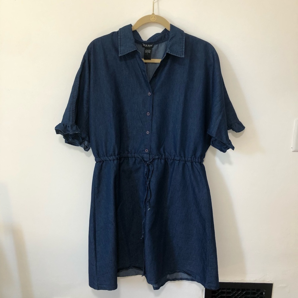 Denim Collared Dress Button Down Tied Waist L